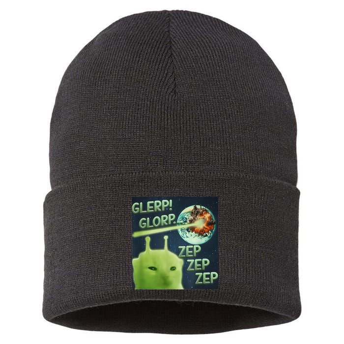 Funny Alien Cat Meme Glerp Glorp Zep Zep Sustainable Knit Beanie