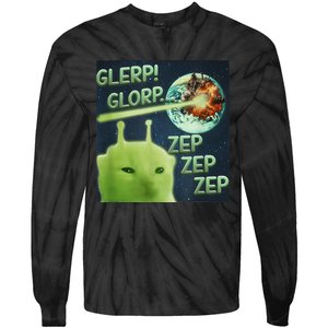 Funny Alien Cat Meme Glerp Glorp Zep Zep Tie-Dye Long Sleeve Shirt