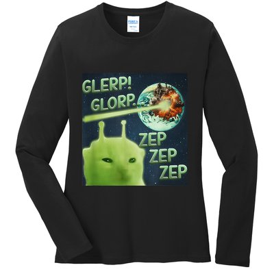 Funny Alien Cat Meme Glerp Glorp Zep Zep Ladies Long Sleeve Shirt