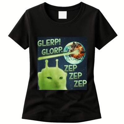 Funny Alien Cat Meme Glerp Glorp Zep Zep Womens T-Shirt
