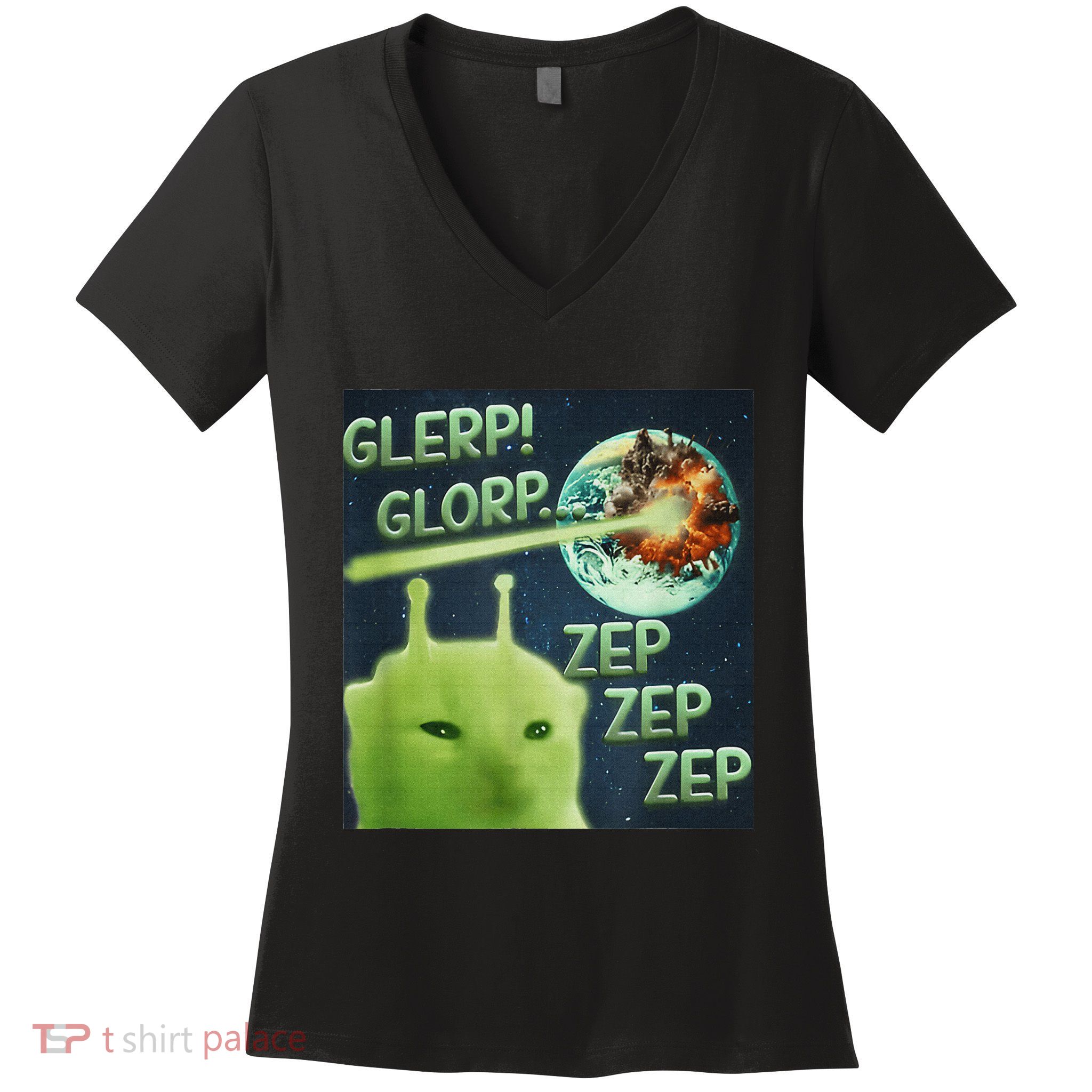 Funny Alien Cat Meme Glerp Glorp Zep Zep Women's V-Neck T-Shirt