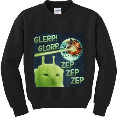 Funny Alien Cat Meme Glerp Glorp Zep Zep Kids Sweatshirt