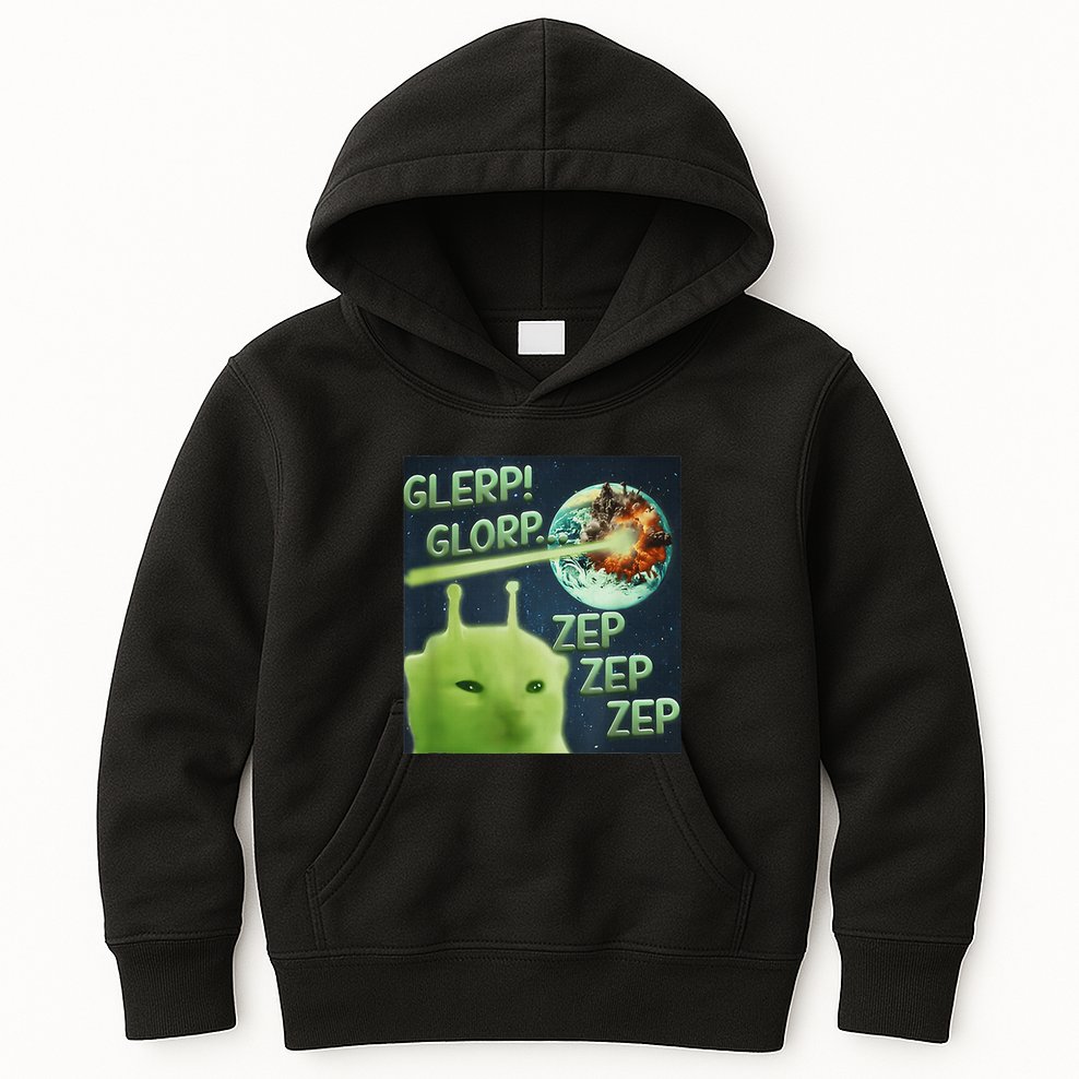 Funny Alien Cat Meme Glerp Glorp Zep Zep Kids Hoodie