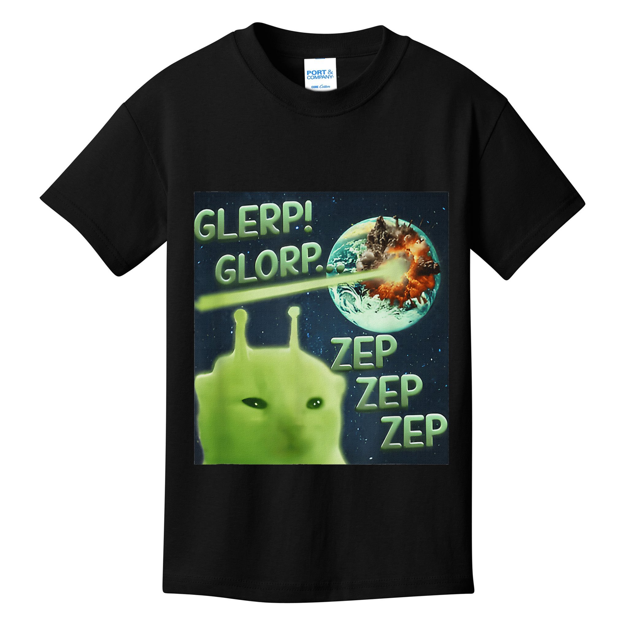 Funny Alien Cat Meme Glerp Glorp Zep Zep Kids T-Shirt