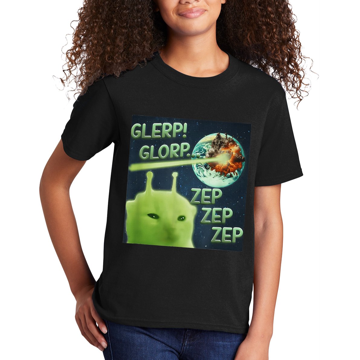 Funny Alien Cat Meme Glerp Glorp Zep Zep Kids T-Shirt