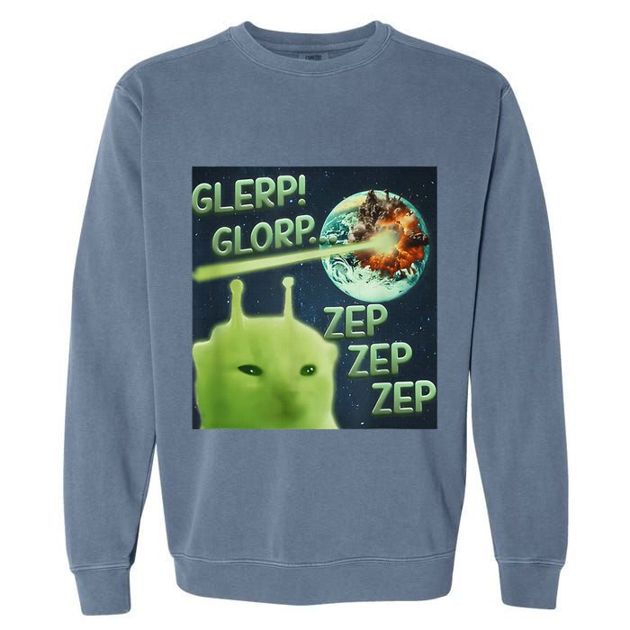 Funny Alien Cat Meme Glerp Glorp Zep Zep Garment-Dyed Sweatshirt