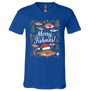 Fish Angler Christmas Merry Fishmas Carp Funny Meaningful Gift V-Neck T-Shirt