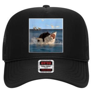 Funny Art & Cat Lover Quote Cat Biting Shark Cool Fat Cat High Crown Mesh Back Trucker Hat