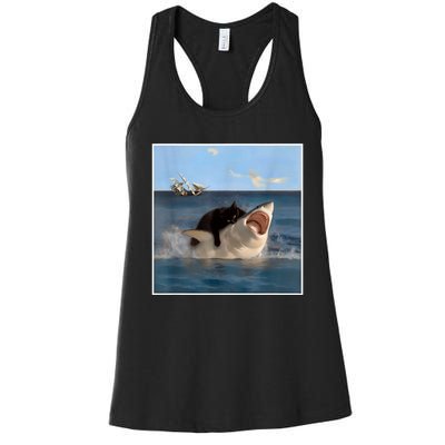 Funny Art & Cat Lover Quote Cat Biting Shark Cool Fat Cat Women's Racerback Tank