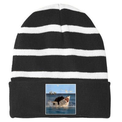 Funny Art & Cat Lover Quote Cat Biting Shark Cool Fat Cat Striped Beanie with Solid Band