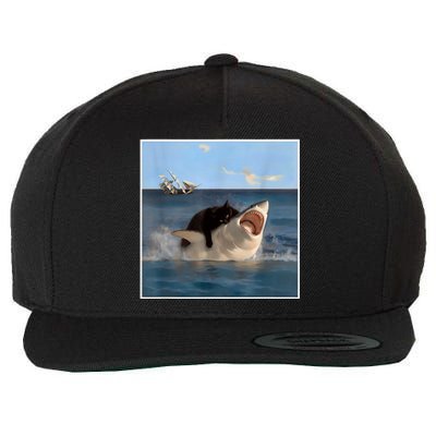 Funny Art & Cat Lover Quote Cat Biting Shark Cool Fat Cat Wool Snapback Cap