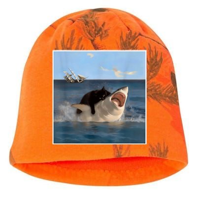 Funny Art & Cat Lover Quote Cat Biting Shark Cool Fat Cat Kati - Camo Knit Beanie