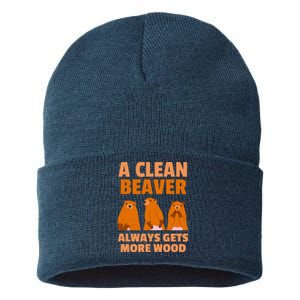 Funny A Clean Beaver Always Gets More Wood Joke Sarcastic Sustainable Knit Beanie