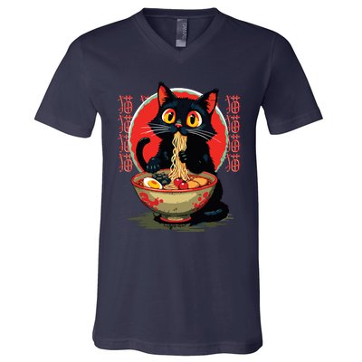 Funny Anime Cute Cat Eating Ramen Japanese Noodles Vintage V-Neck T-Shirt