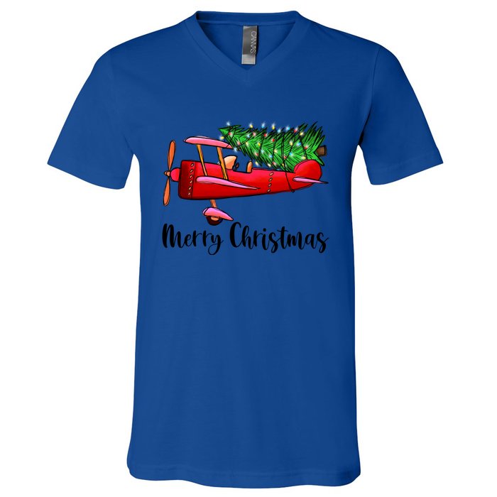 Funny Airplane Christmas Light Tree Airplane Pajama Xmas Great Gift V-Neck T-Shirt