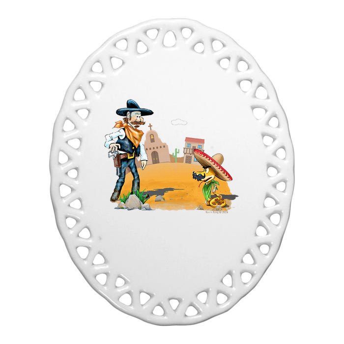 Fun American Cowboy In A Snakebite Showdown Ceramic Oval Ornament