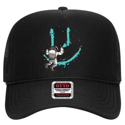 Funny Astronaut Drawing Smile Grafitti In Galaxy High Crown Mesh Back Trucker Hat