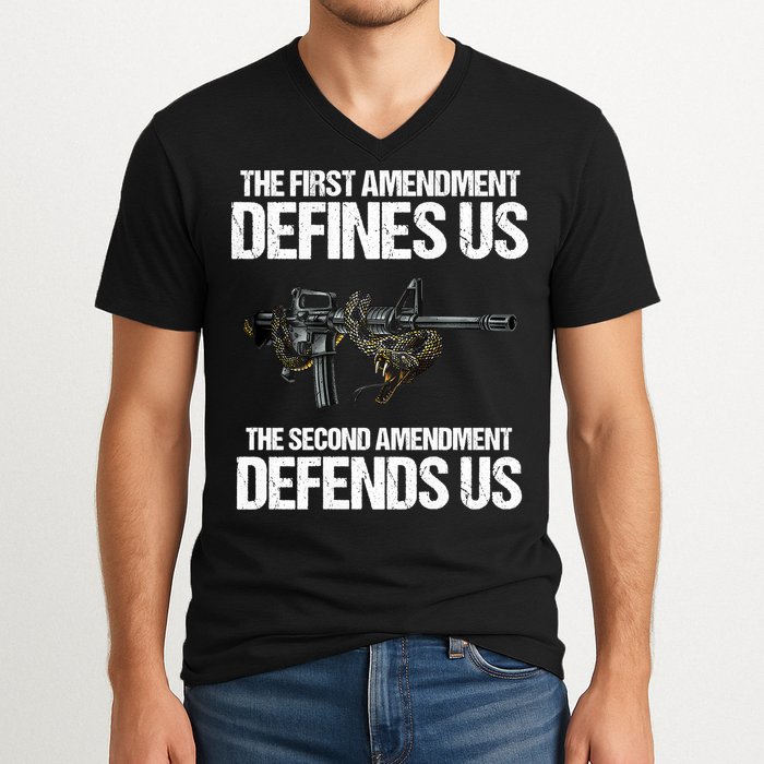 First Amendment Defines Us The Second Amendment Defends Us V-Neck T-Shirt