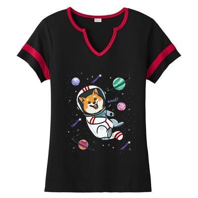 funny Astronaut Dog In Space Shiba Inu Akita Ladies Halftime Notch Neck Tee