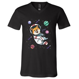 funny Astronaut Dog In Space Shiba Inu Akita V-Neck T-Shirt