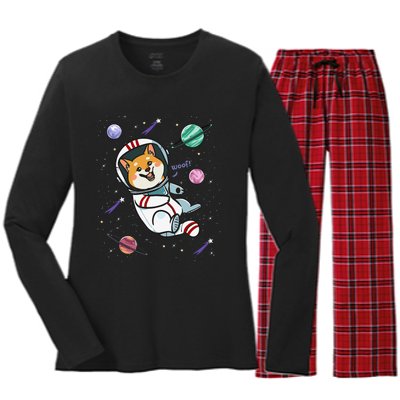 funny Astronaut Dog In Space Shiba Inu Akita Women's Long Sleeve Flannel Pajama Set 