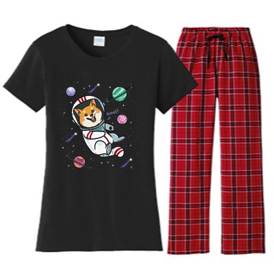 funny Astronaut Dog In Space Shiba Inu Akita Women's Flannel Pajama Set