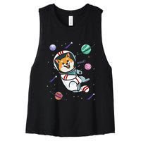 funny Astronaut Dog In Space Shiba Inu Akita Women's Racerback Cropped Tank