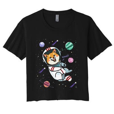 funny Astronaut Dog In Space Shiba Inu Akita Women's Crop Top Tee