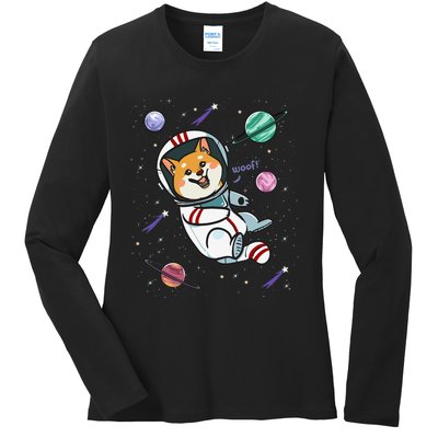 funny Astronaut Dog In Space Shiba Inu Akita Ladies Long Sleeve Shirt