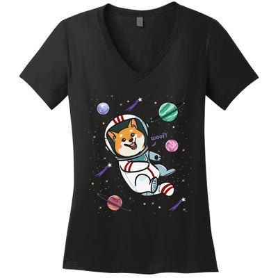 funny Astronaut Dog In Space Shiba Inu Akita Women's V-Neck T-Shirt