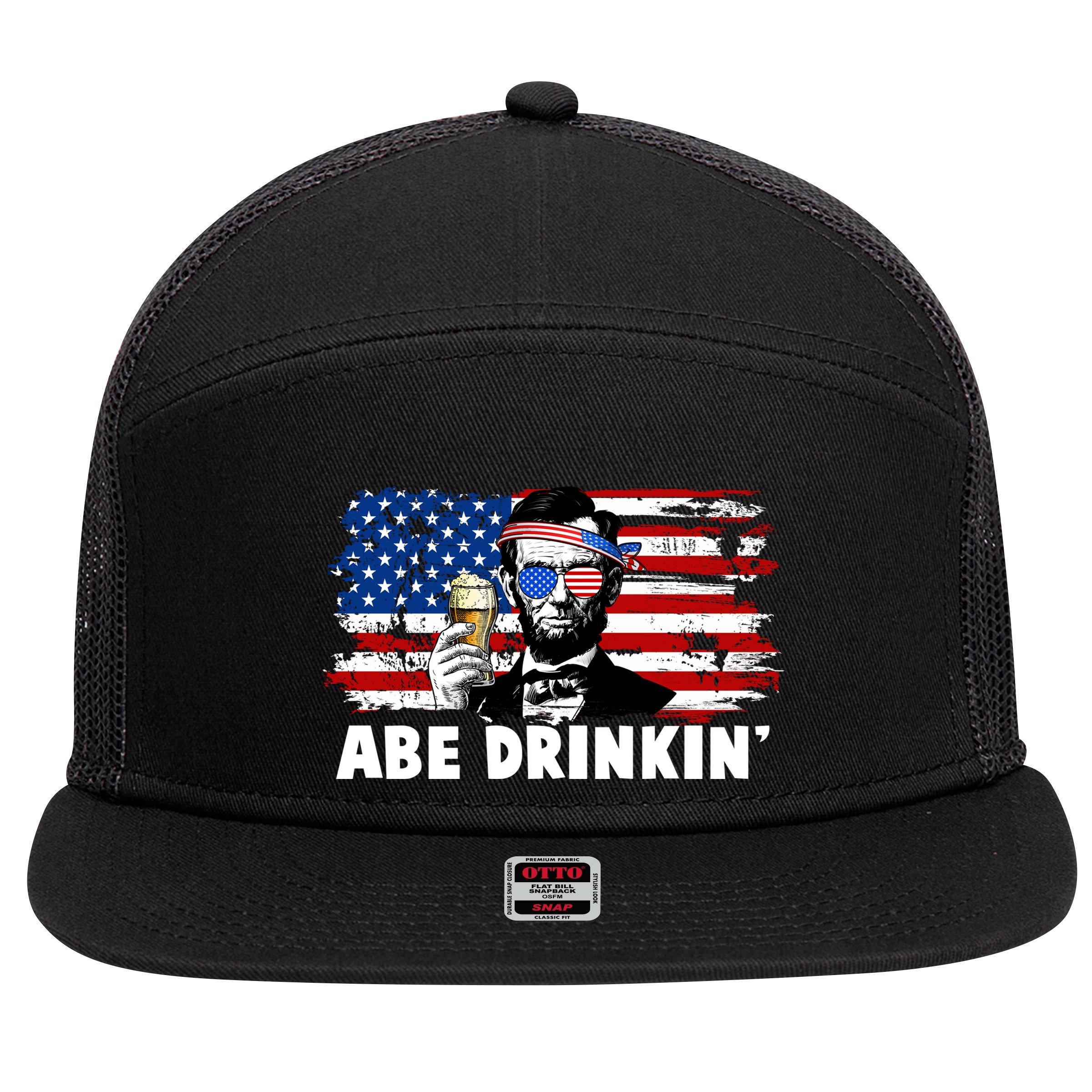 Funny Abe Drinkin USA American Flag 7 Panel Mesh Trucker Snapback Hat