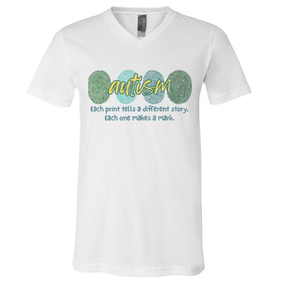 Fingerprint Autism Each Print Tells A Different Story V-Neck T-Shirt