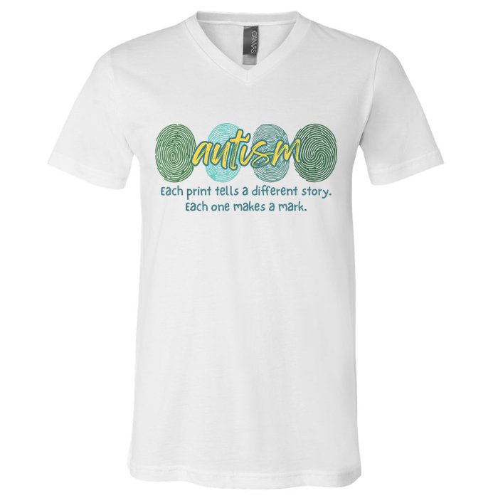 Fingerprint Autism Each Print Tells A Different Story V-Neck T-Shirt