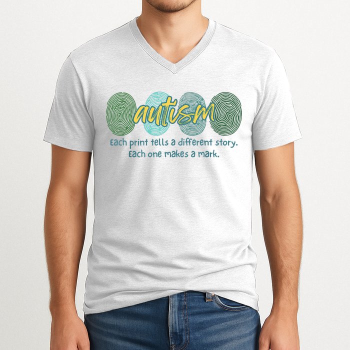 Fingerprint Autism Each Print Tells A Different Story V-Neck T-Shirt