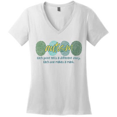 Fingerprint Autism Each Print Tells A Different Story Women's V-Neck T-Shirt