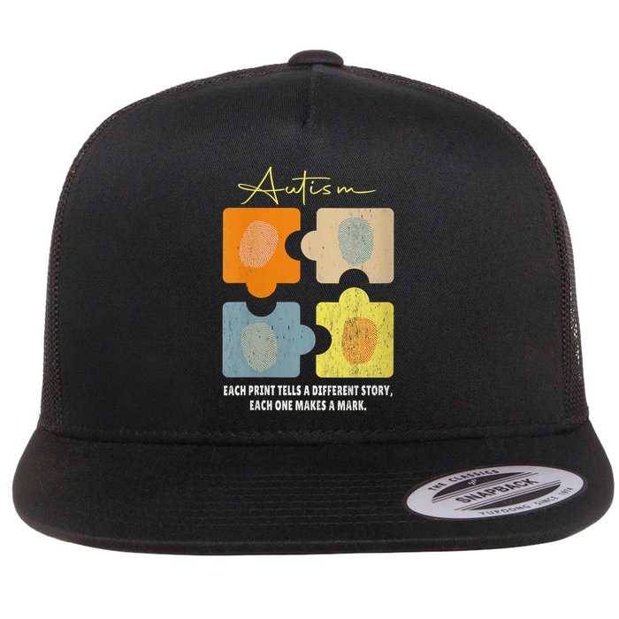 Fingerprint Autism Each Print Tells A Different Story Retro Flat Bill Trucker Hat