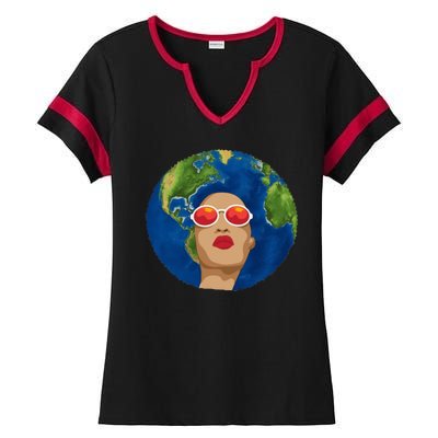 Female Afro Earth Day Ladies Halftime Notch Neck Tee