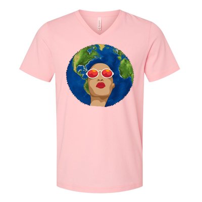 Female Afro Earth Day V-Neck T-Shirt