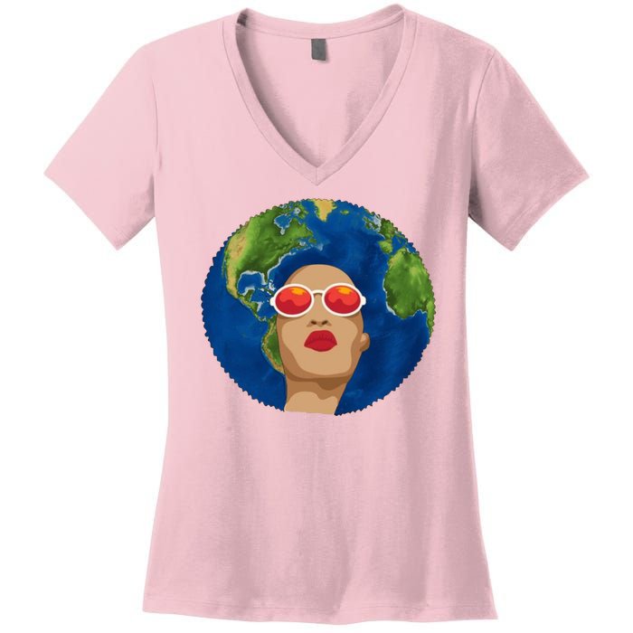 Female Afro Earth Day Women's V-Neck T-Shirt