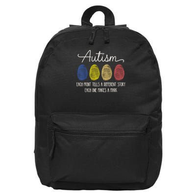 Fingerprint Autism Each One Makes A Mark Fingerprints Each Print Tells A Different Story Autism Retro 16 in Basic Backpack