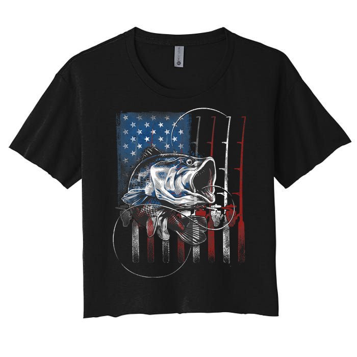 Fishing American Flag Vintage Usa Bass Fisherman Gift Women's Crop Top Tee