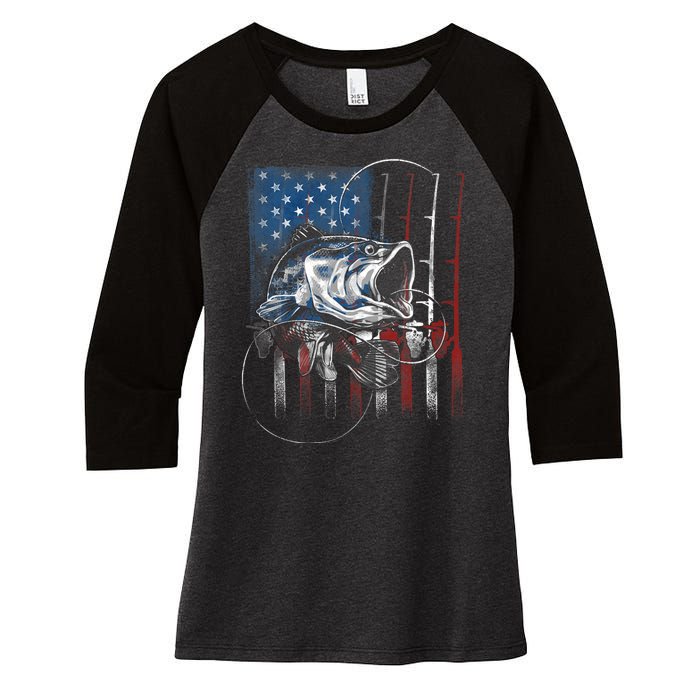 Fishing American Flag Vintage Usa Bass Fisherman Gift Women's Tri-Blend 3/4-Sleeve Raglan Shirt