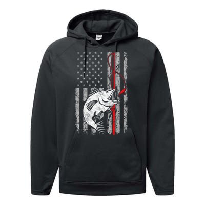 Fishing American Flag Vintage USA Bass Fisherman Performance Fleece Hoodie