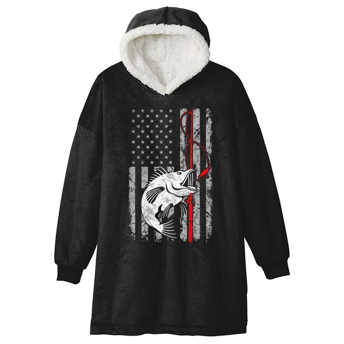 Fishing American Flag Vintage USA Bass Fisherman Hooded Wearable Blanket