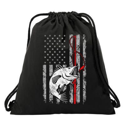 Fishing American Flag Vintage USA Bass Fisherman Drawstring Bag