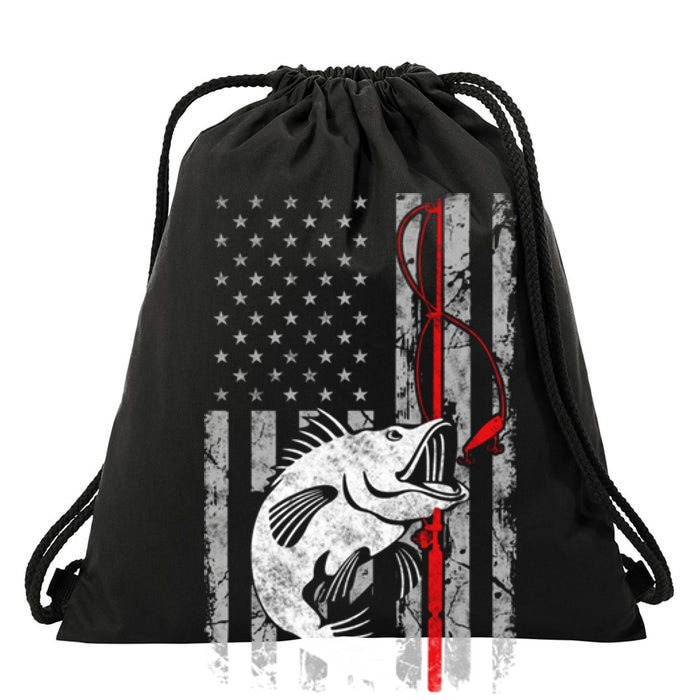 Fishing American Flag Vintage USA Bass Fisherman Drawstring Bag