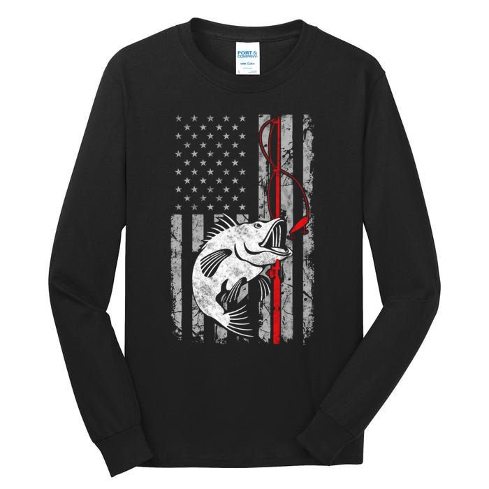 Fishing American Flag Vintage USA Bass Fisherman Tall Long Sleeve T-Shirt