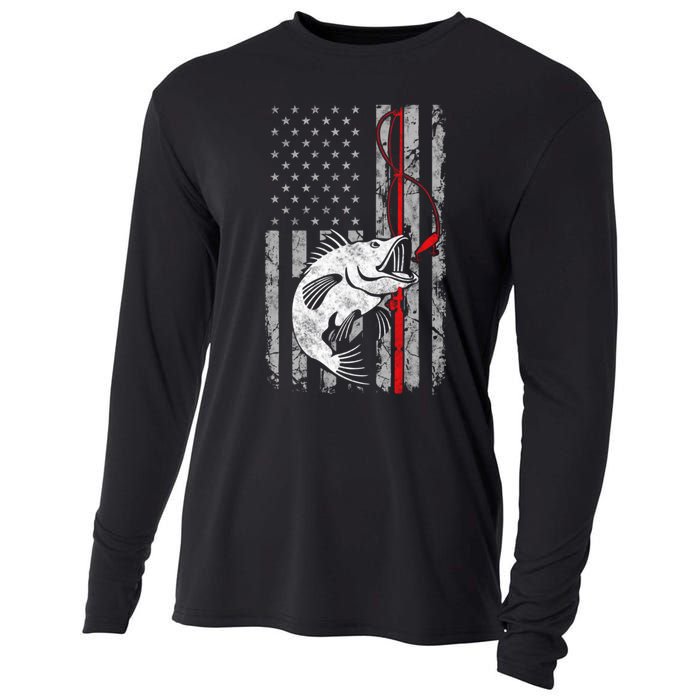 Fishing American Flag Vintage USA Bass Fisherman Cooling Performance Long Sleeve Crew