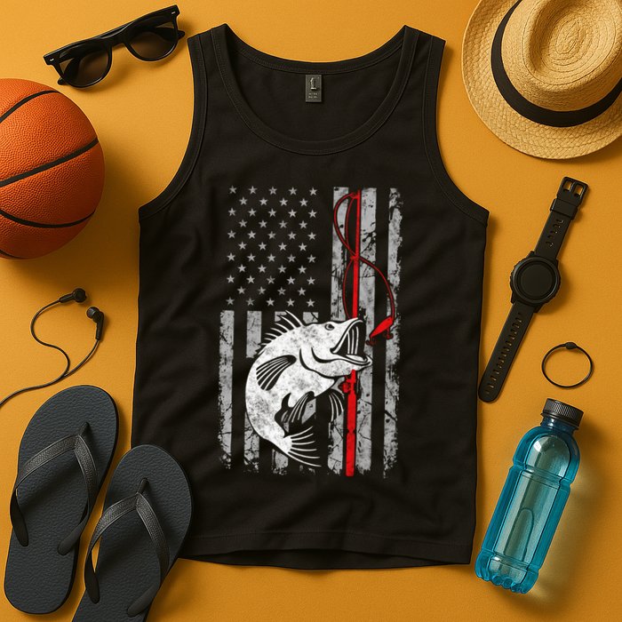 Fishing American Flag Vintage USA Bass Fisherman Tank Top