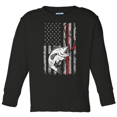 Fishing American Flag Vintage USA Bass Fisherman Toddler Long Sleeve Shirt